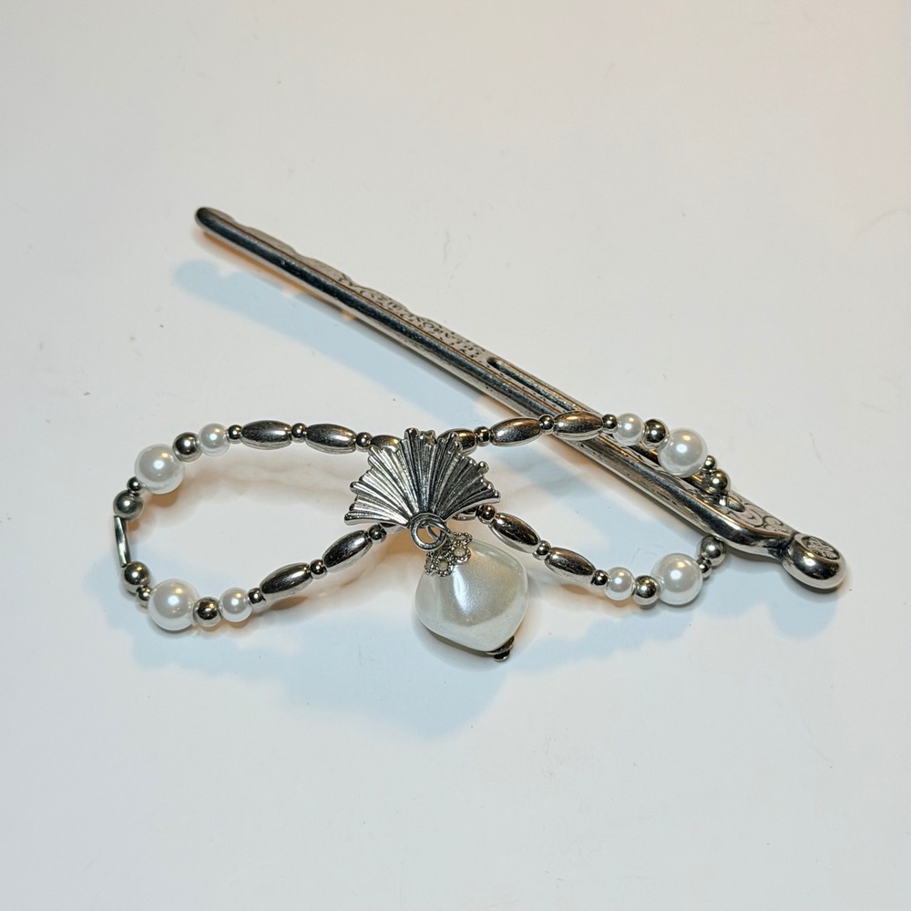 Lilla Rose Silver Pearl Fan Flexi Hair Clip Beaded Hairpin Accessory Medium